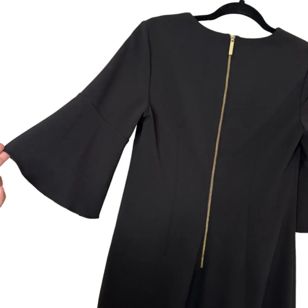 ELLEN TRACY Woman's Size 6 Black Bell Sleeve Ruffle Hem Exposed Back Zipper